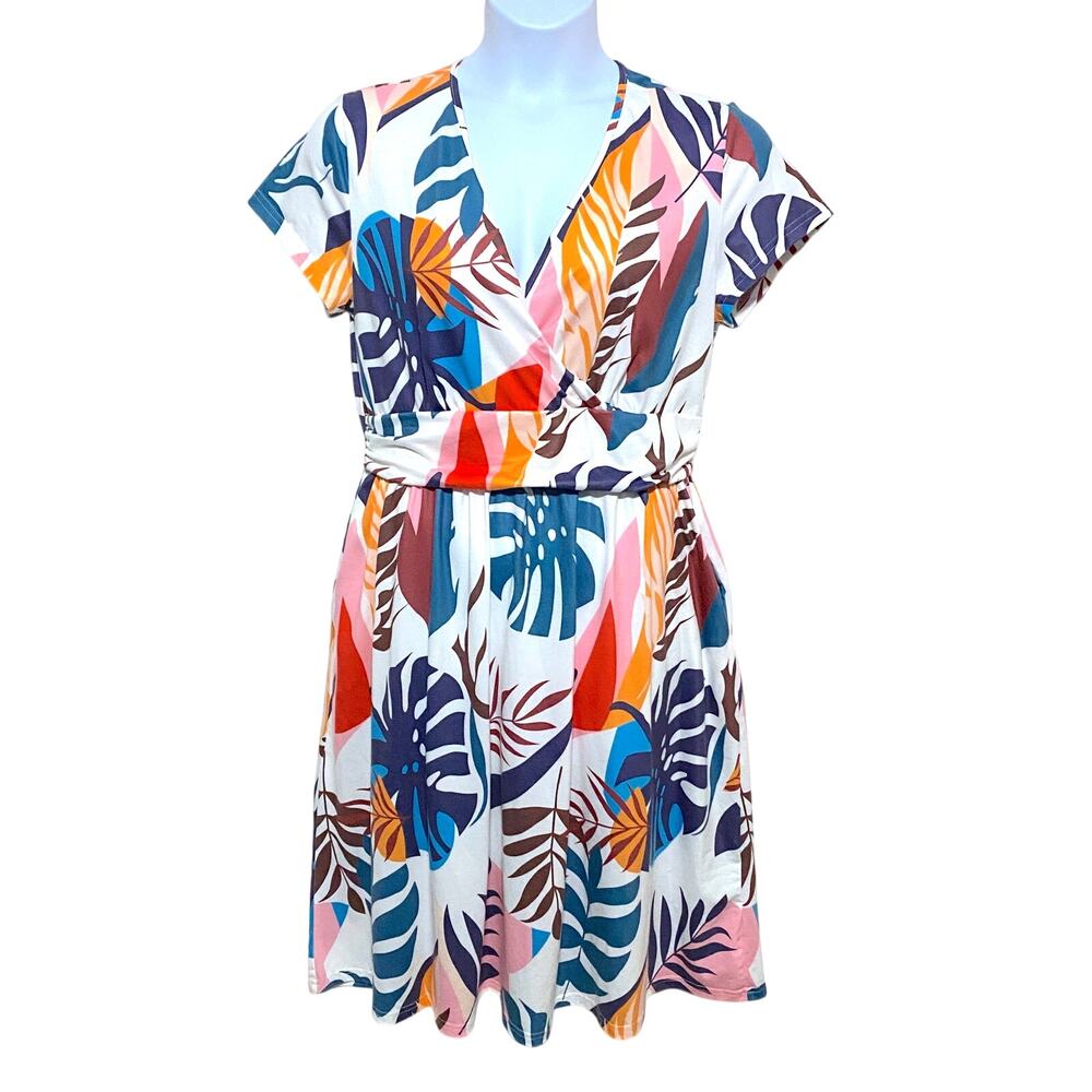 Tropical V-Neck Dress Womens XL Avant Garde Colorful Art to Wear Vacation Boho - Picture 1 of 8